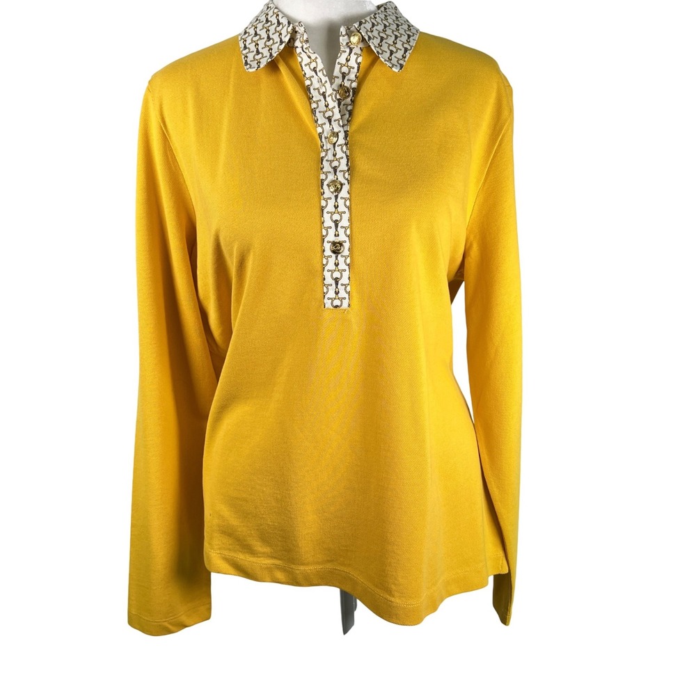 Lands End Womens Mustard Yellow Equestrian Snaffle Bit Polo Shirt Long Sleeve LP